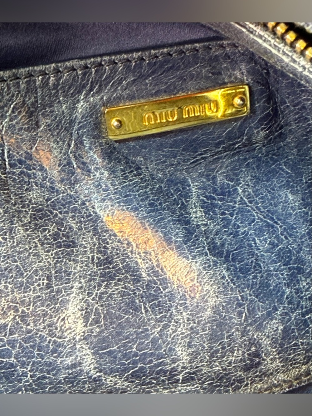 Miu Miu Vitello Lux Blue Leather Satchel Bag Distressed Finish Gold Hardware - Picture 13 of 13